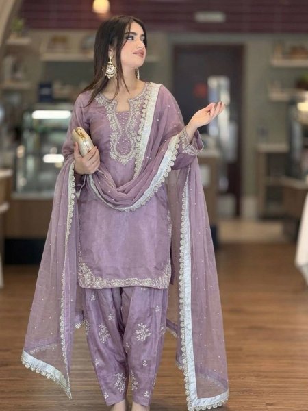Exceptional Purple Roman Glass Silk Farshi Palazzo Suit with Sequins and Moti Work Ready To Wear Suit