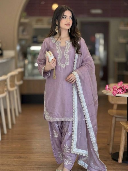 Exceptional Purple Roman Glass Silk Farshi Palazzo Suit with Sequins and Moti Work Ready To Wear Collection