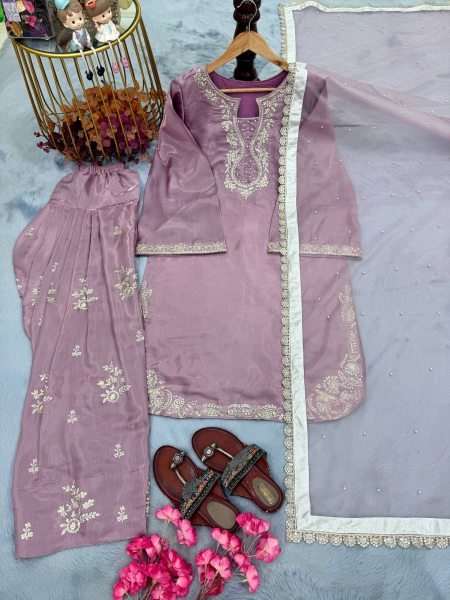 Exceptional Purple Roman Glass Silk Farshi Palazzo Suit with Sequins and Moti Work Ready To Wear Collection