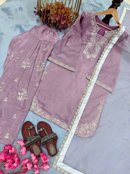 Exceptional Purple Roman Glass Silk Farshi Palazzo Suit with Sequins and Moti Work Ready To Wear Collection