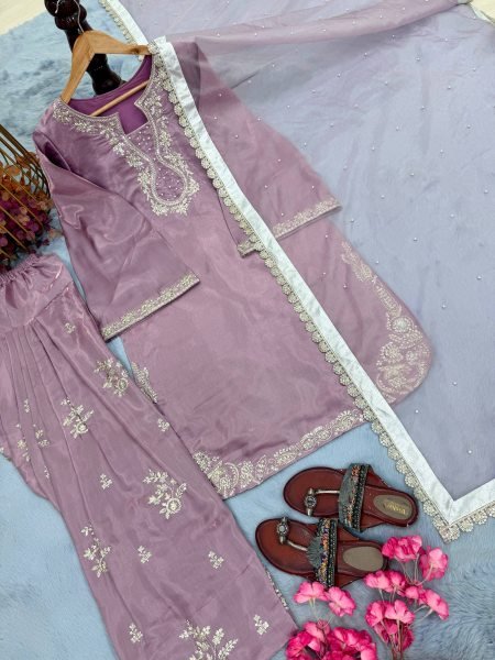 Exceptional Purple Roman Glass Silk Farshi Palazzo Suit with Sequins and Moti Work Ready To Wear Collection