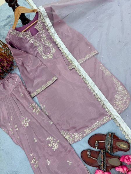 Exceptional Purple Roman Glass Silk Farshi Palazzo Suit with Sequins and Moti Work Ready To Wear Collection