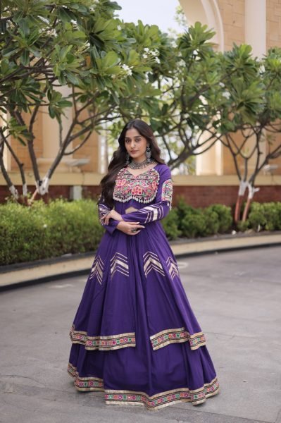 Exceptional Purple Traditional Kora Cotton Lehenga Set with Full Stitched Shrug Navratri Lehnega Choli