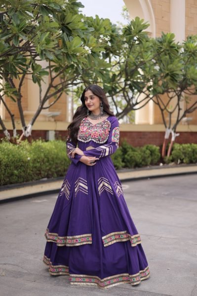 Exceptional Purple Traditional Kora Cotton Lehenga Set with Full Stitched Shrug Navratri Lehnega Choli