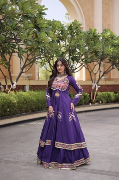 Exceptional Purple Traditional Kora Cotton Lehenga Set with Full Stitched Shrug Navratri Lehnega Choli