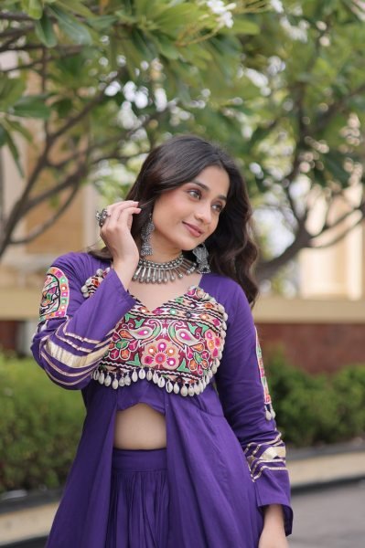 Exceptional Purple Traditional Kora Cotton Lehenga Set with Full Stitched Shrug Navratri Lehnega Choli