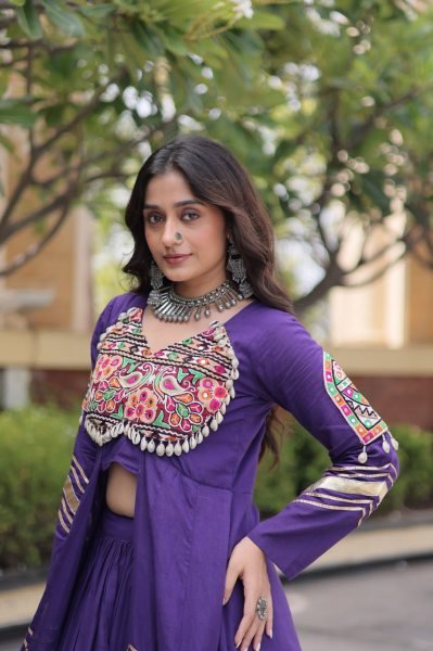 Exceptional Purple Traditional Kora Cotton Lehenga Set with Full Stitched Shrug Navratri Lehnega Choli
