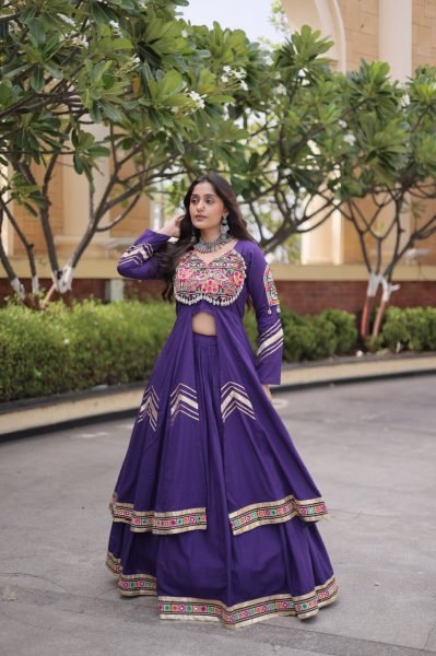 Exceptional Purple Traditional Kora Cotton Lehenga Set with Full Stitched Shrug Navratri Lehnega Choli