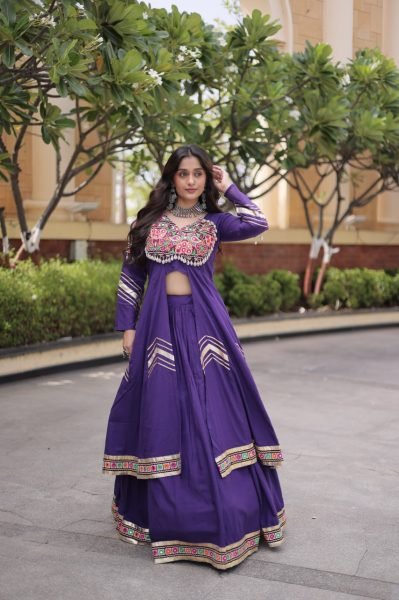 Exceptional Purple Traditional Kora Cotton Lehenga Set with Full Stitched Shrug Navratri Lehnega Choli