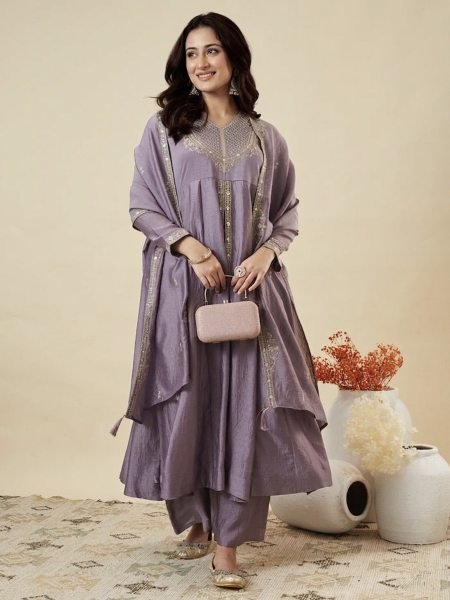 Exceptional Purple Vichitra Silk Embroidered Kurti Pant Set with Fandy Silk Dupatta Embroidery Kurtis 