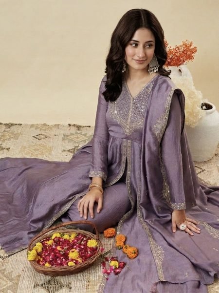 Exceptional Purple Vichitra Silk Embroidered Kurti Pant Set with Fandy Silk Dupatta Embroidery Kurtis 
