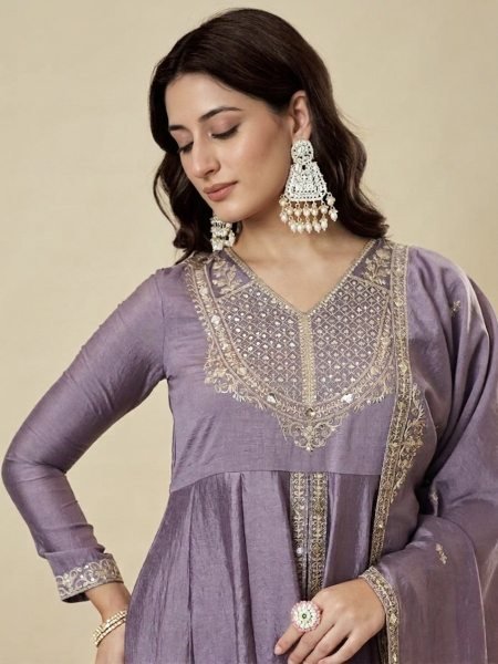 Exceptional Purple Vichitra Silk Embroidered Kurti Pant Set with Fandy Silk Dupatta Embroidery Kurtis 