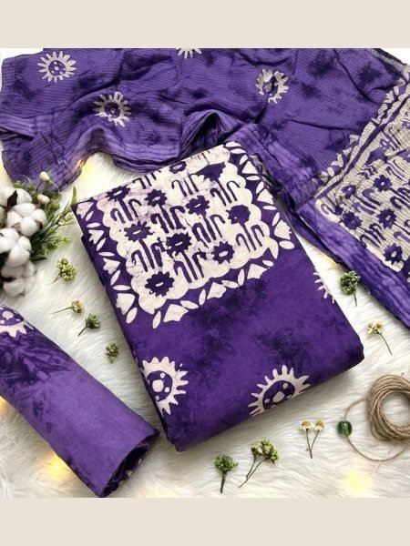 Exceptional Purple Wax Batik Print Dress Material Set for Kurti, Tunic and Casual Wear 