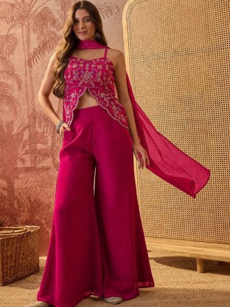 Exceptional Rani Pink Georgette Co-Ord Style Kurti Set For Party Wear Kurtis