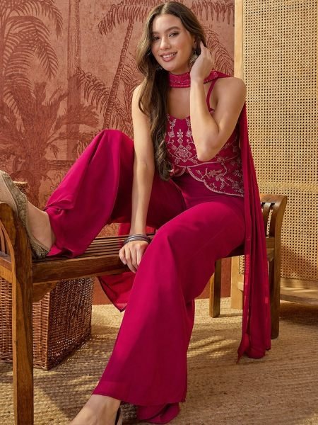 Exceptional Rani Pink Georgette Co-Ord Style Kurti Set For Party Wear 3 Piece Kurti Set