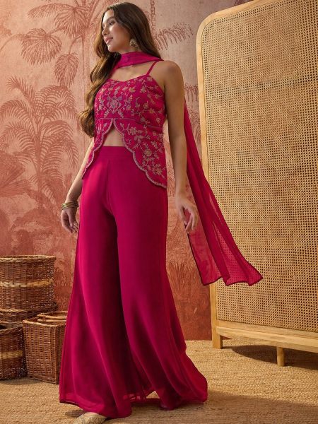 Exceptional Rani Pink Georgette Co-Ord Style Kurti Set For Party Wear 3 Piece Kurti Set