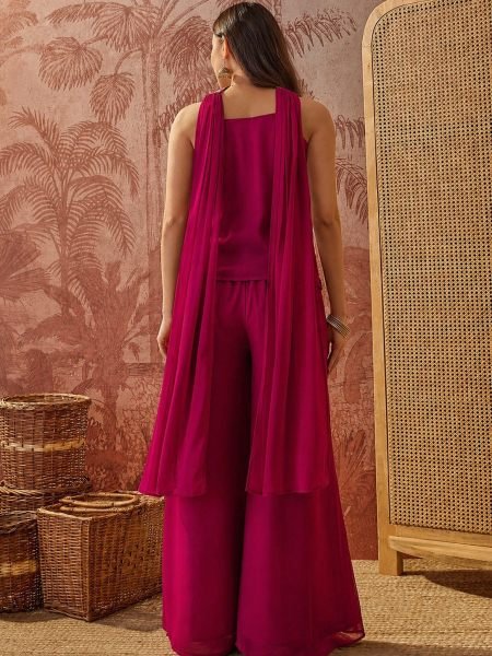 Exceptional Rani Pink Georgette Co-Ord Style Kurti Set For Party Wear 3 Piece Kurti Set