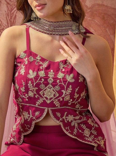Exceptional Rani Pink Georgette Co-Ord Style Kurti Set For Party Wear 3 Piece Kurti Set