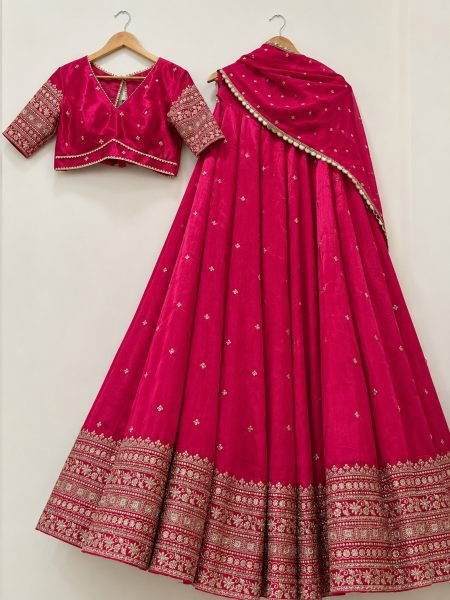 Exceptional Rani Pink Vichitra Silk Lehenga Choli with Sequin   Thread Embroidery Work  Lehenga