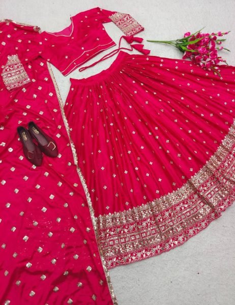 Exceptional Rani Pink Vichitra Silk Lehenga Choli with Sequin   Thread Embroidery Work Designer Lehenga Choli