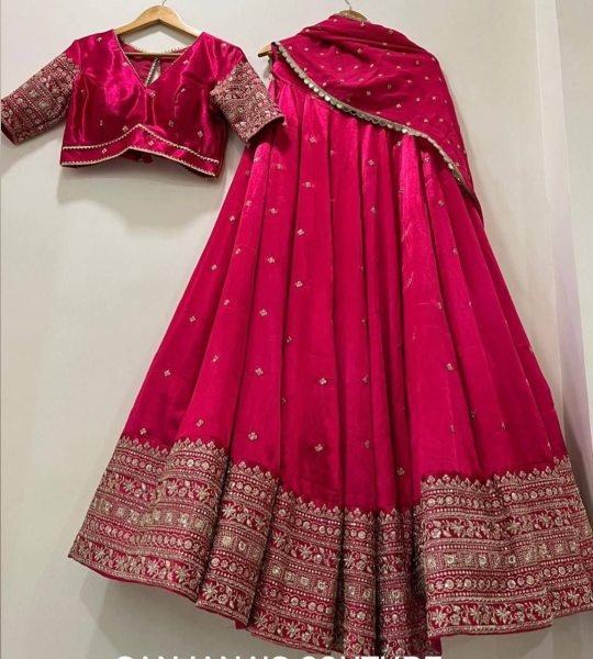 Exceptional Rani Pink Vichitra Silk Lehenga Choli with Sequin   Thread Embroidery Work Designer Lehenga Choli