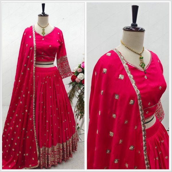 Exceptional Rani Pink Vichitra Silk Lehenga Choli with Sequin   Thread Embroidery Work Designer Lehenga Choli