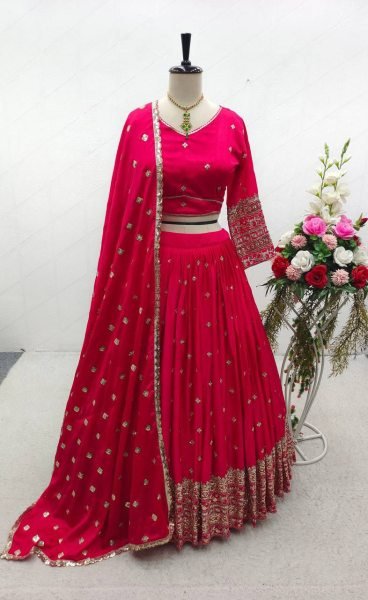 Exceptional Rani Pink Vichitra Silk Lehenga Choli with Sequin   Thread Embroidery Work Designer Lehenga Choli
