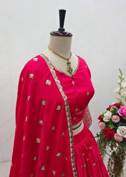 Exceptional Rani Pink Vichitra Silk Lehenga Choli with Sequin   Thread Embroidery Work Designer Lehenga Choli