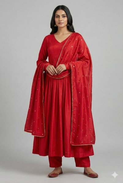  Exceptional Red Chanderi Cotton fully stiched flared gown with Dupatta and Pant 3 Piece Kurti Set