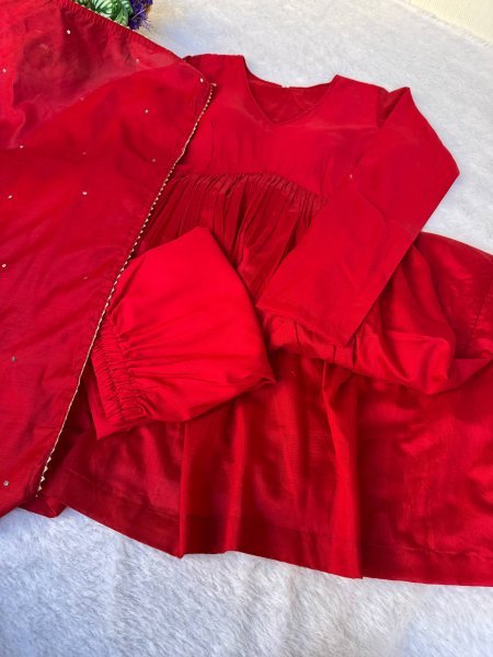  Exceptional Red Chanderi Cotton fully stiched flared gown with Dupatta and Pant 3 Piece Kurti Set