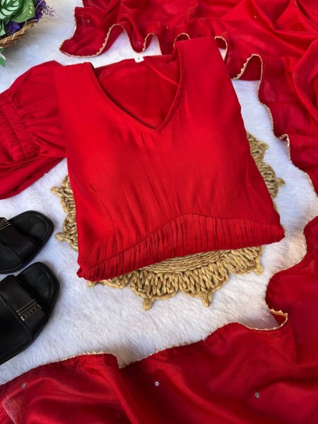  Exceptional Red Chanderi Cotton fully stiched flared gown with Dupatta and Pant 3 Piece Kurti Set