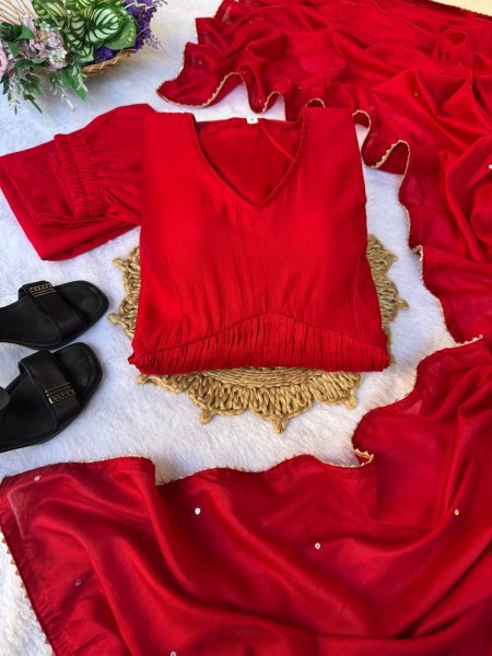  Exceptional Red Chanderi Cotton fully stiched flared gown with Dupatta and Pant 3 Piece Kurti Set