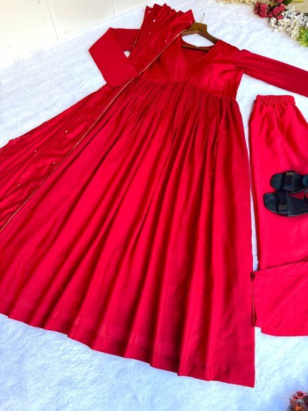  Exceptional Red Chanderi Cotton fully stiched flared gown with Dupatta and Pant 3 Piece Kurti Set
