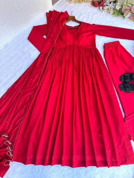 Exceptional Red Chanderi Cotton fully stiched flared gown with Dupatta and Pant 3 Piece Kurti Set
