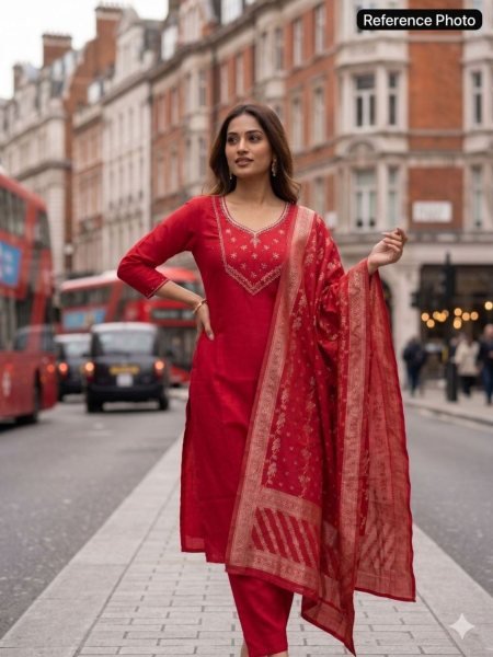 Exceptional Red Designer Chanderi Kurta Pant Dupatta Set for Women Kurtis