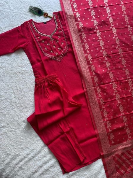Exceptional Red Designer Chanderi Kurta Pant Dupatta Set for Women 3 Piece Kurti Set