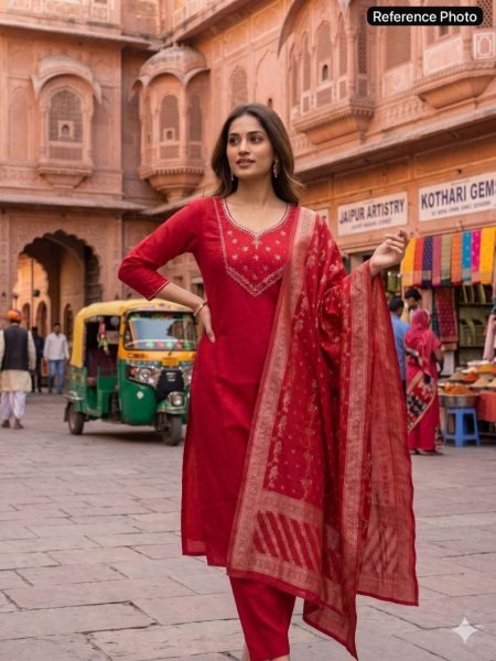 Exceptional Red Designer Chanderi Kurta Pant Dupatta Set for Women 3 Piece Kurti Set
