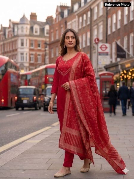 Exceptional Red Designer Chanderi Kurta Pant Dupatta Set for Women 3 Piece Kurti Set