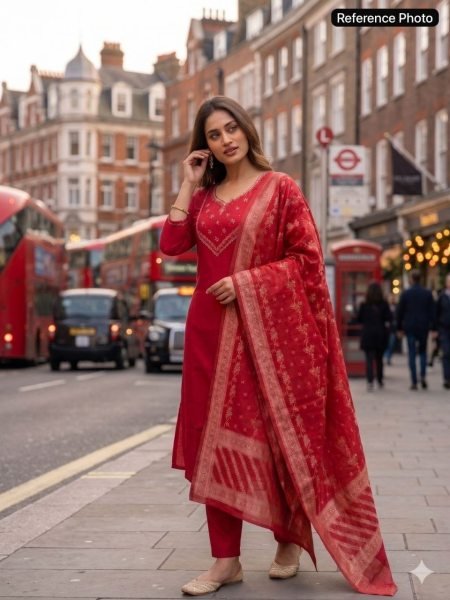 Exceptional Red Designer Chanderi Kurta Pant Dupatta Set for Women 3 Piece Kurti Set