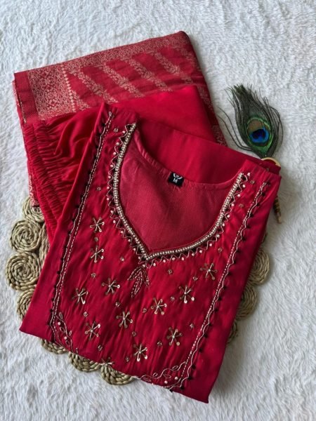 Exceptional Red Designer Chanderi Kurta Pant Dupatta Set for Women 3 Piece Kurti Set