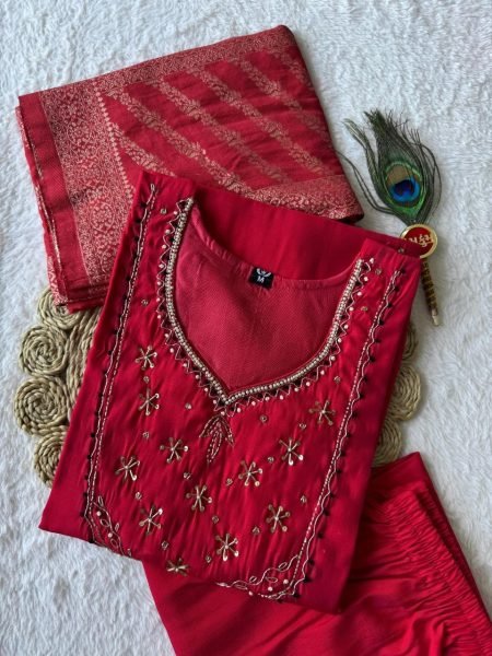 Exceptional Red Designer Chanderi Kurta Pant Dupatta Set for Women 3 Piece Kurti Set
