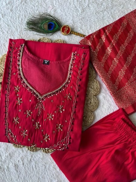 Exceptional Red Designer Chanderi Kurta Pant Dupatta Set for Women 3 Piece Kurti Set