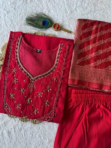 Exceptional Red Designer Chanderi Kurta Pant Dupatta Set for Women 3 Piece Kurti Set