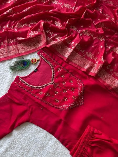 Exceptional Red Designer Chanderi Kurta Pant Dupatta Set for Women 3 Piece Kurti Set