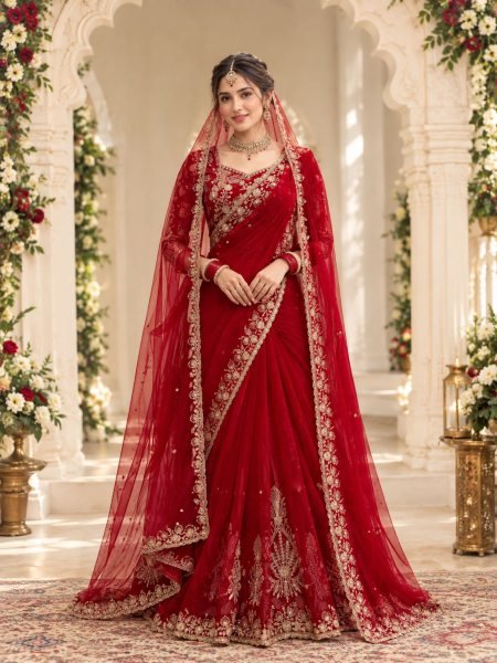 Exceptional Red Faux Georgette Saree with Intricate Thread and Sequin Work for Wedding Sarees 