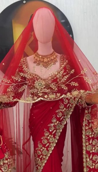 Exceptional Red Faux Georgette Saree with Intricate Thread and Sequin Work for Wedding Designer Wedding Sarees Wholesale