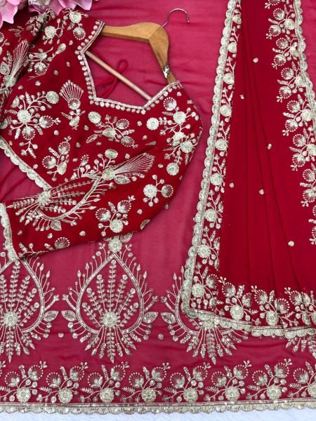 Exceptional Red Faux Georgette Saree with Intricate Thread and Sequin Work for Wedding Designer Wedding Sarees Wholesale