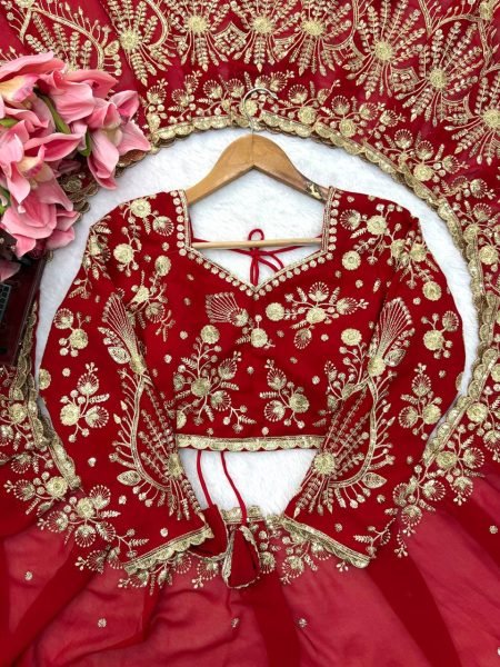 Exceptional Red Faux Georgette Saree with Intricate Thread and Sequin Work for Wedding Designer Wedding Sarees Wholesale