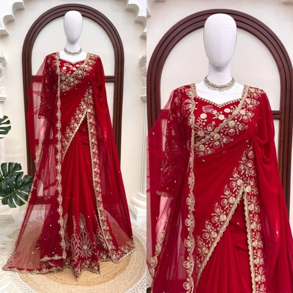 Exceptional Red Faux Georgette Saree with Intricate Thread and Sequin Work for Wedding Designer Wedding Sarees Wholesale