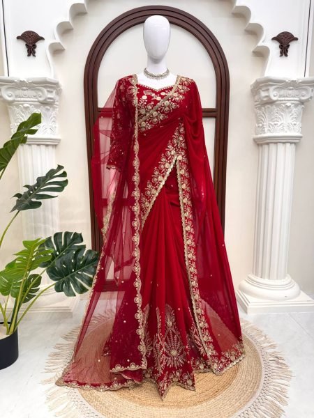 Exceptional Red Faux Georgette Saree with Intricate Thread and Sequin Work for Wedding Designer Wedding Sarees Wholesale
